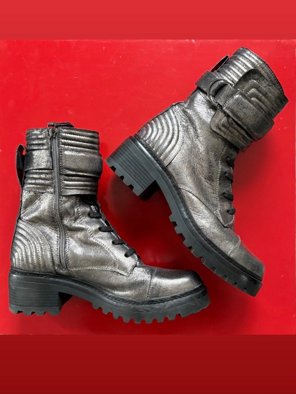 DKNY Womens Combat Boots Metallic Basia Round Toe Block Heel Silver size 11